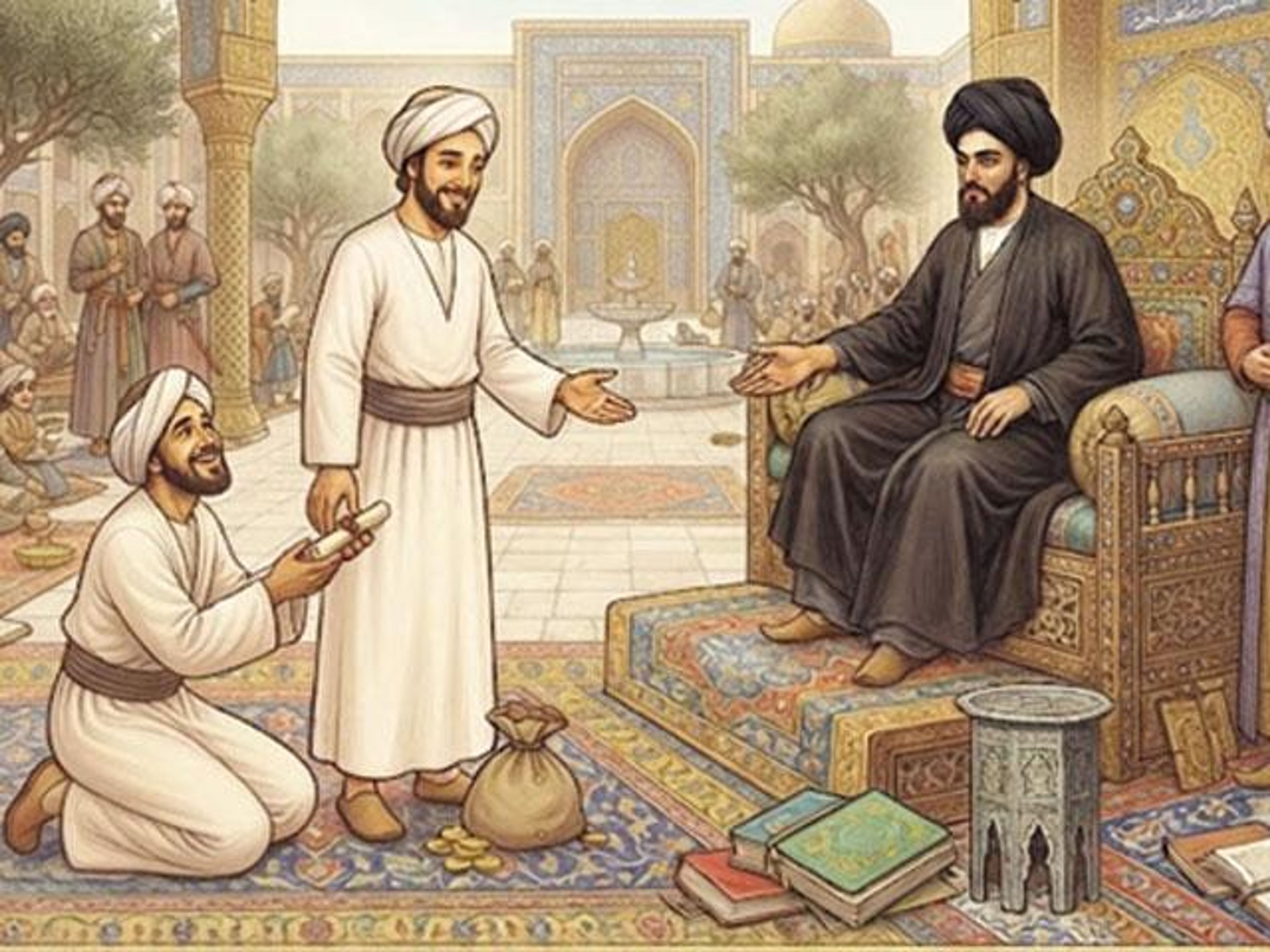 An illustration of an ornate Middle Eastern court with a seated ruler, a kneeling man presenting a scroll, and other figures.