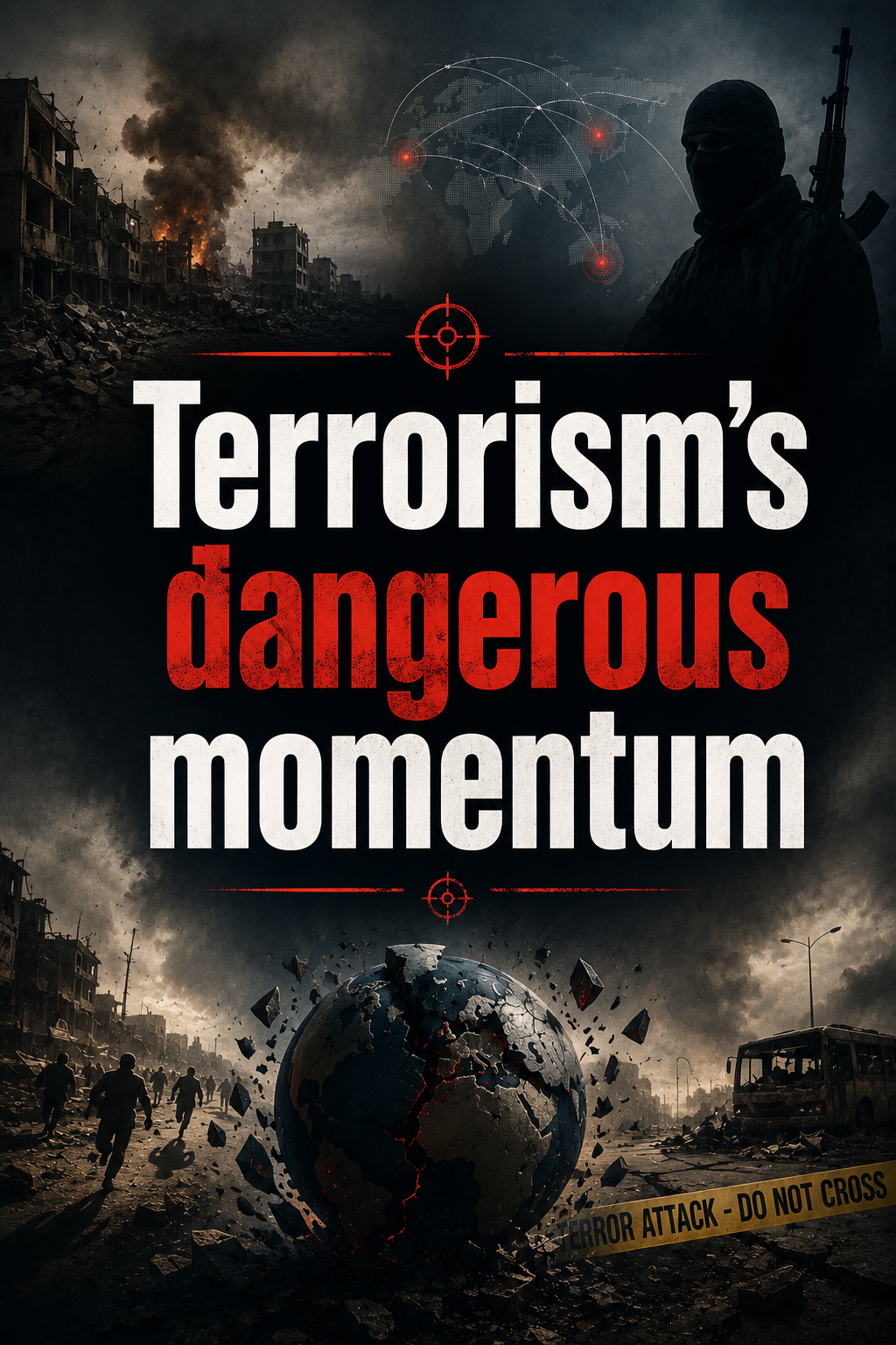 A poster titled 'Terrorism's dangerous momentum' depicting a masked gunman, a global map, destroyed cities, and a shattering Earth with fleeing people.