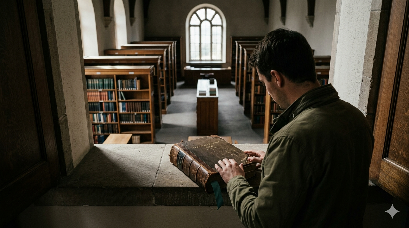 A person examines a large antique book in an old library with bookshelves and an arched window.