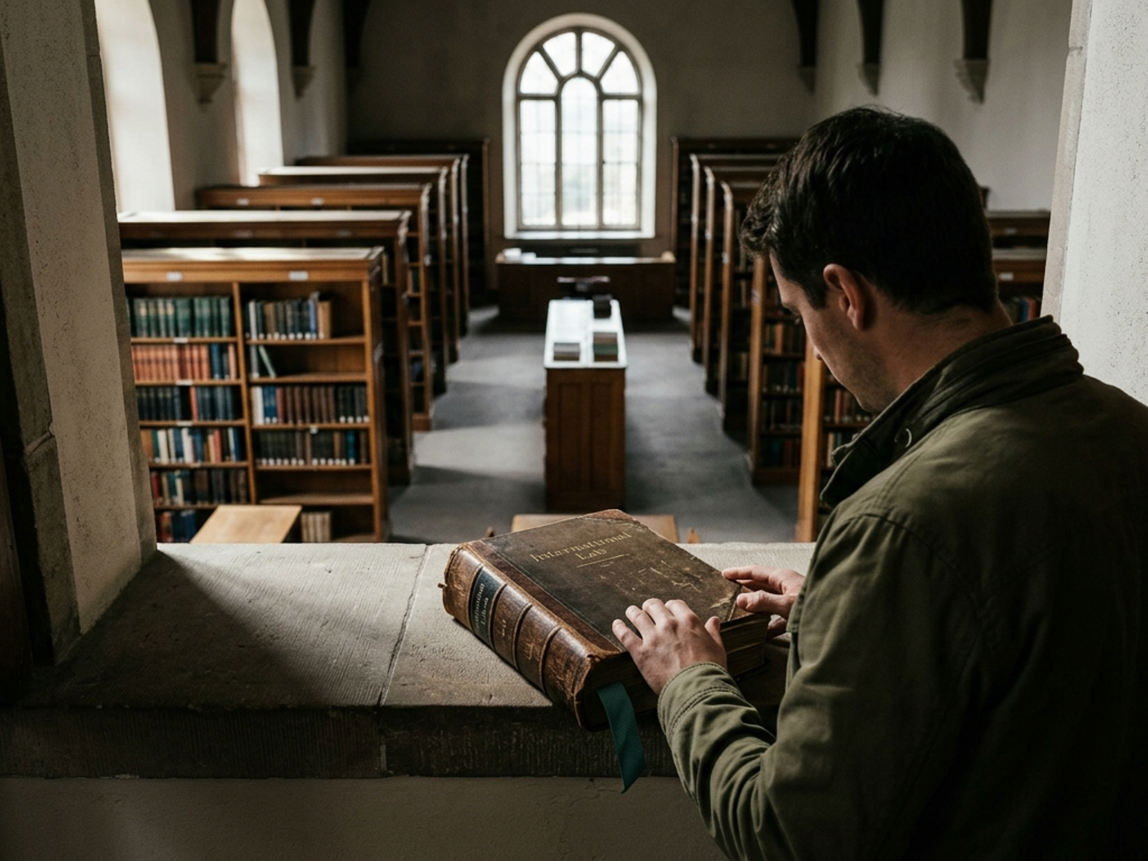 A person examines a large antique book in an old library with bookshelves and an arched window.