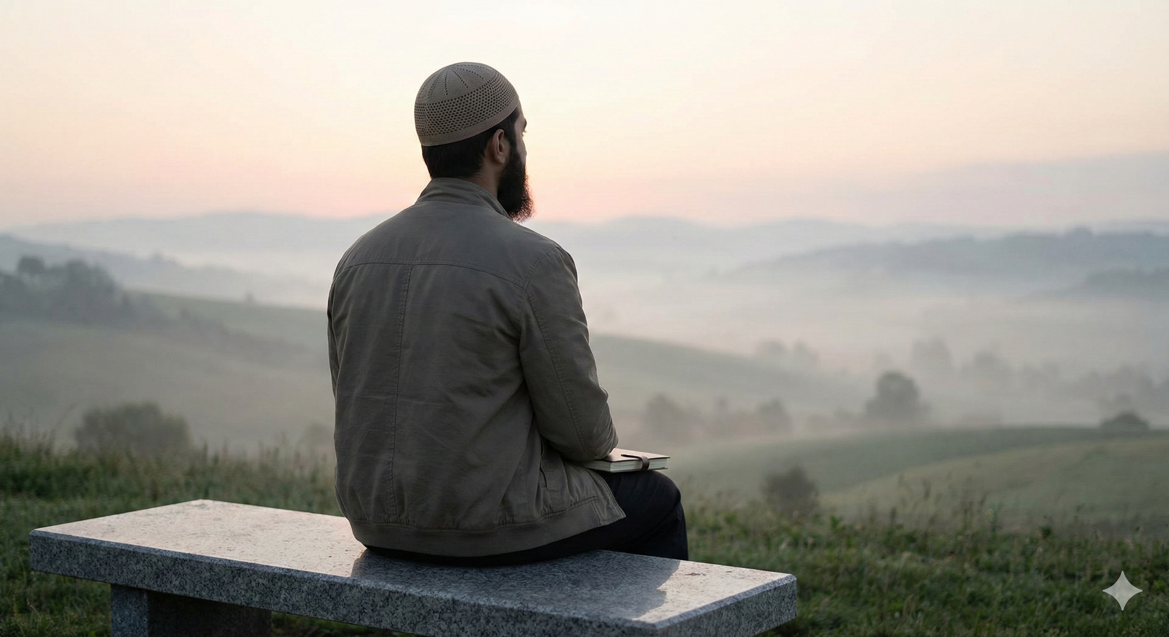 Man with a beard and skullcap sits on a bench, holding a book, looking out at a misty valley at sunrise.