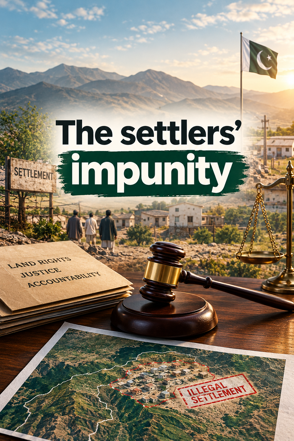 A visual representing "The settlers' impunity," featuring a mountainous settlement with a Pakistani flag, a gavel, scales of justice, land rights documents, and an aerial map stamped "illegal settlement."