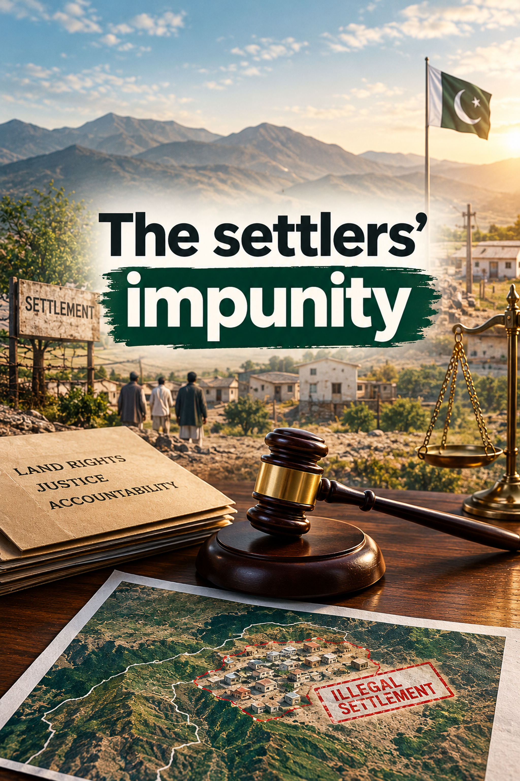 A visual representing "The settlers' impunity," featuring a mountainous settlement with a Pakistani flag, a gavel, scales of justice, land rights documents, and an aerial map stamped "illegal settlement."