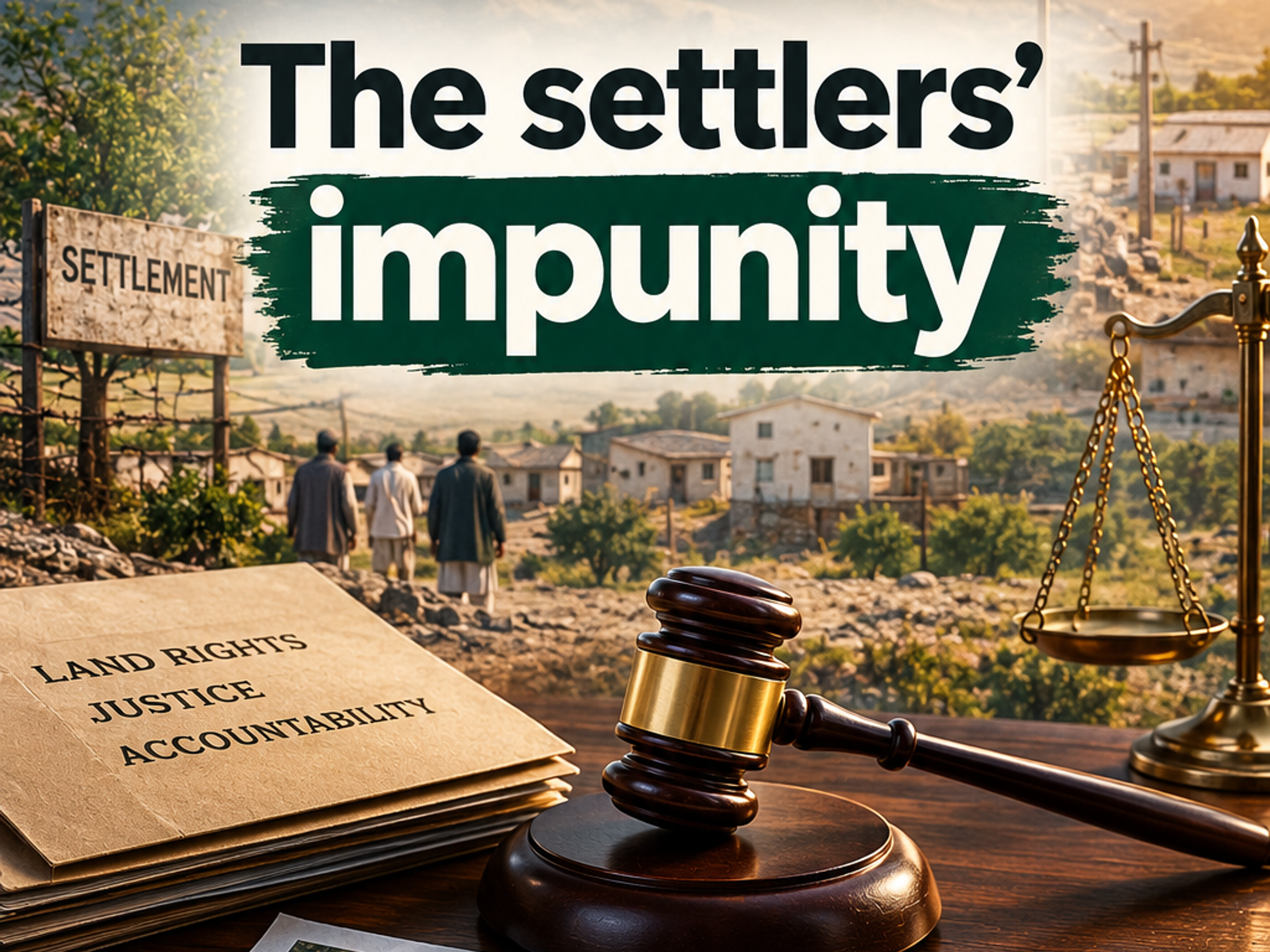A visual representing "The settlers' impunity," featuring a mountainous settlement with a Pakistani flag, a gavel, scales of justice, land rights documents, and an aerial map stamped "illegal settlement."