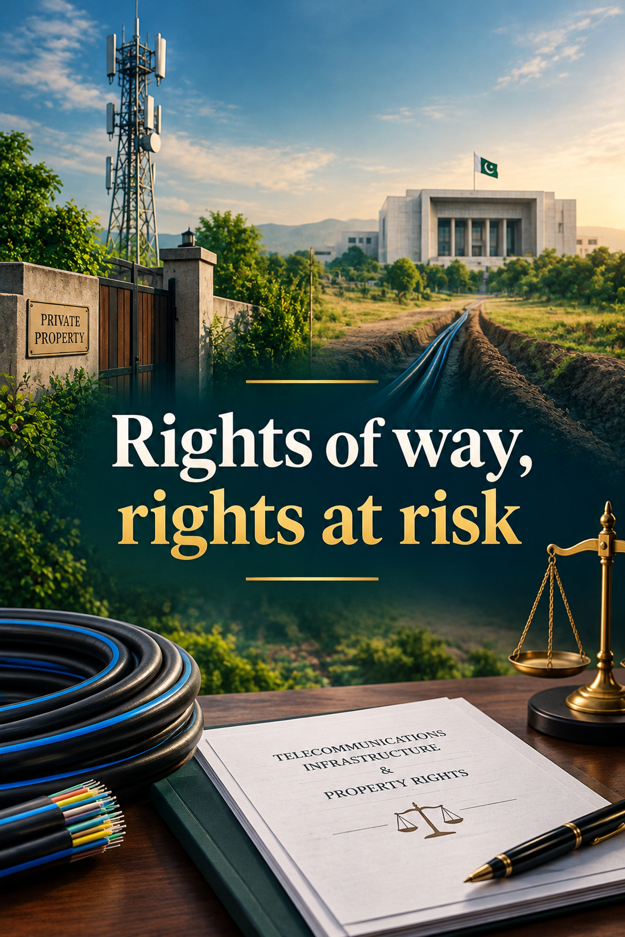 A composite image featuring a cell tower, a "Private Property" gate, buried cables leading towards a government building, coiled telecom cables, a legal document on "Telecommunications Infrastructure & Property Rights," and scales of justice. The overlay text reads: "Rights of way, rights at risk."