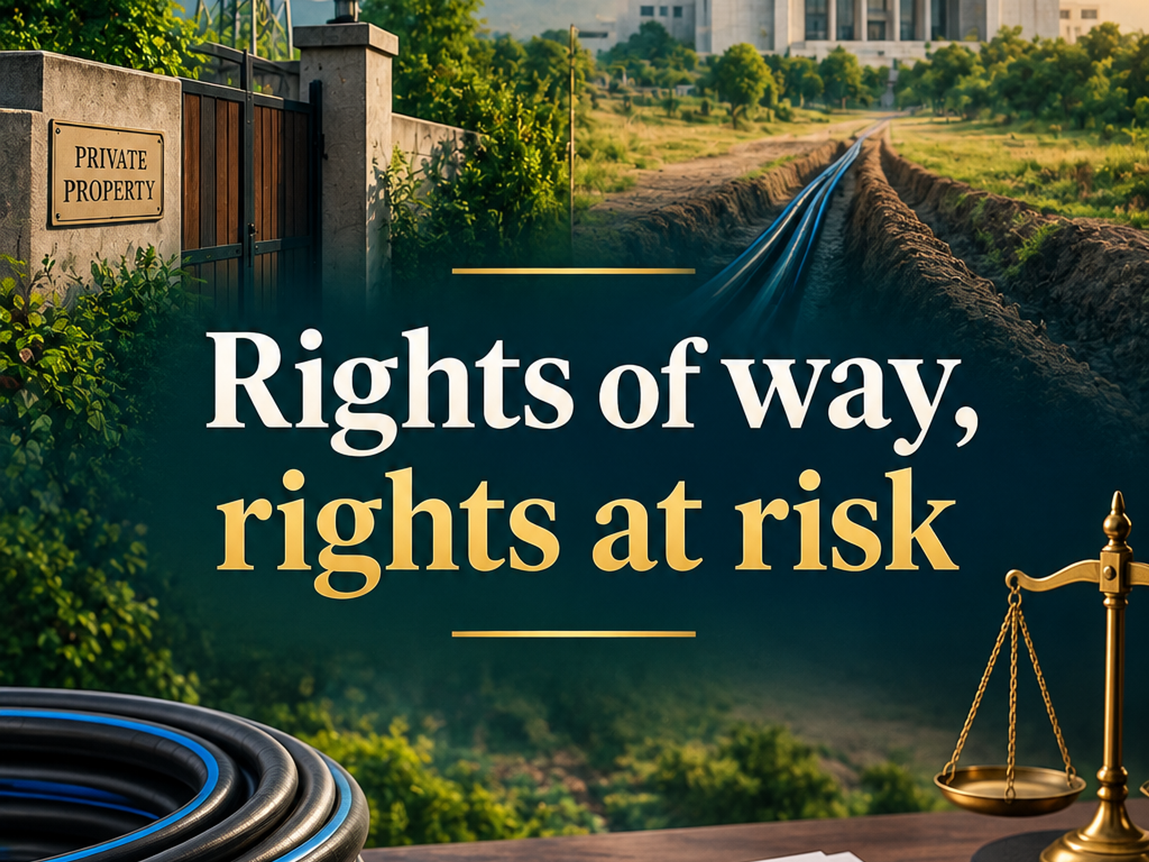 A composite image featuring a cell tower, a "Private Property" gate, buried cables leading towards a government building, coiled telecom cables, a legal document on "Telecommunications Infrastructure & Property Rights," and scales of justice. The overlay text reads: "Rights of way, rights at risk."