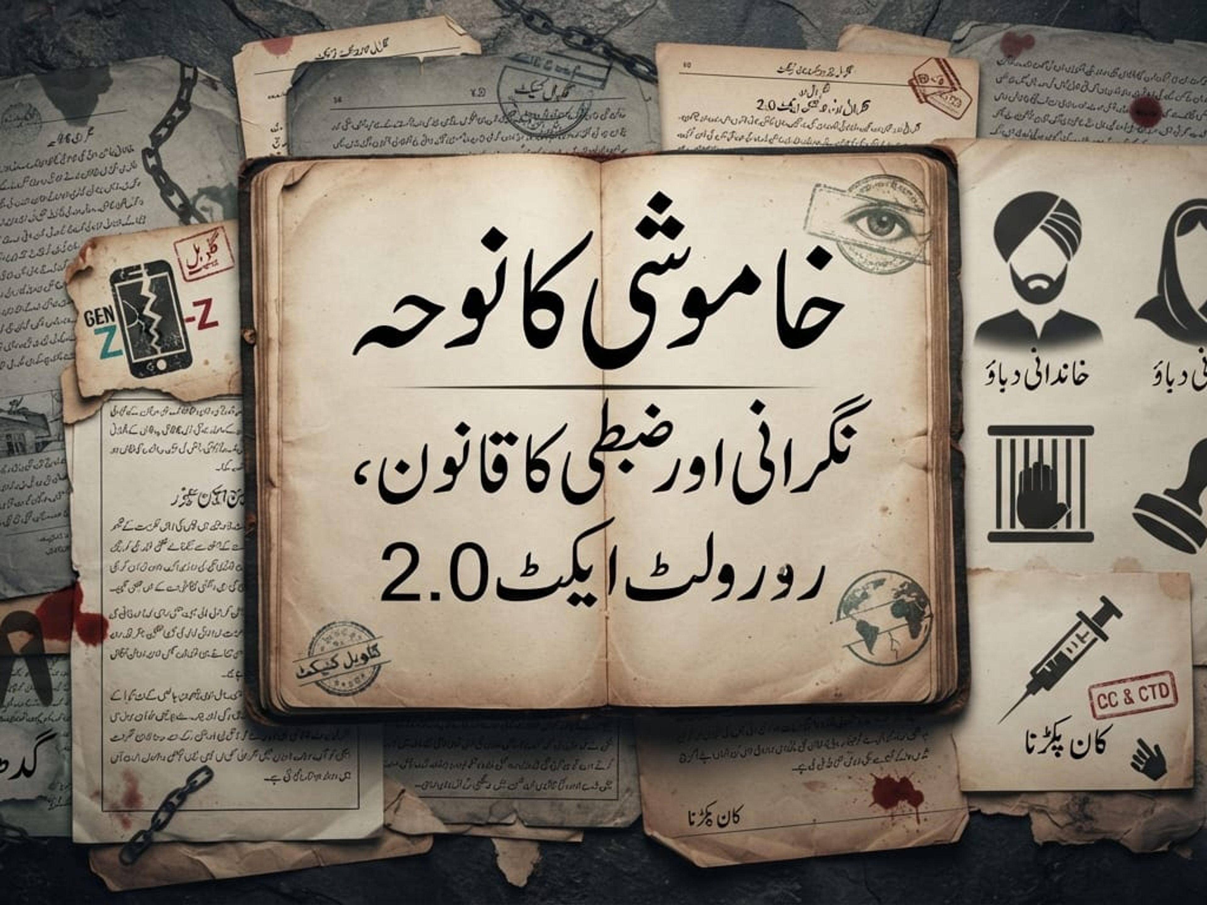 An open old book displays Urdu text "Elegy of Silence" and "Law of Surveillance and Seizure, Rowlatt Act 2.0," surrounded by torn papers featuring icons of surveillance, chains, a broken phone, a syringe, and silhouettes of a man and woman.