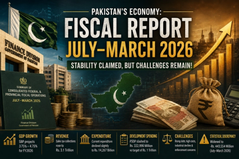 Infographic titled "Pakistan's Economy: Fiscal Report July-March 2026", showing the Pakistan flag, a government building, currency, a map, and charts. Text reads "Stability Claimed, But Challenges Remain!" with economic indicators listed below.