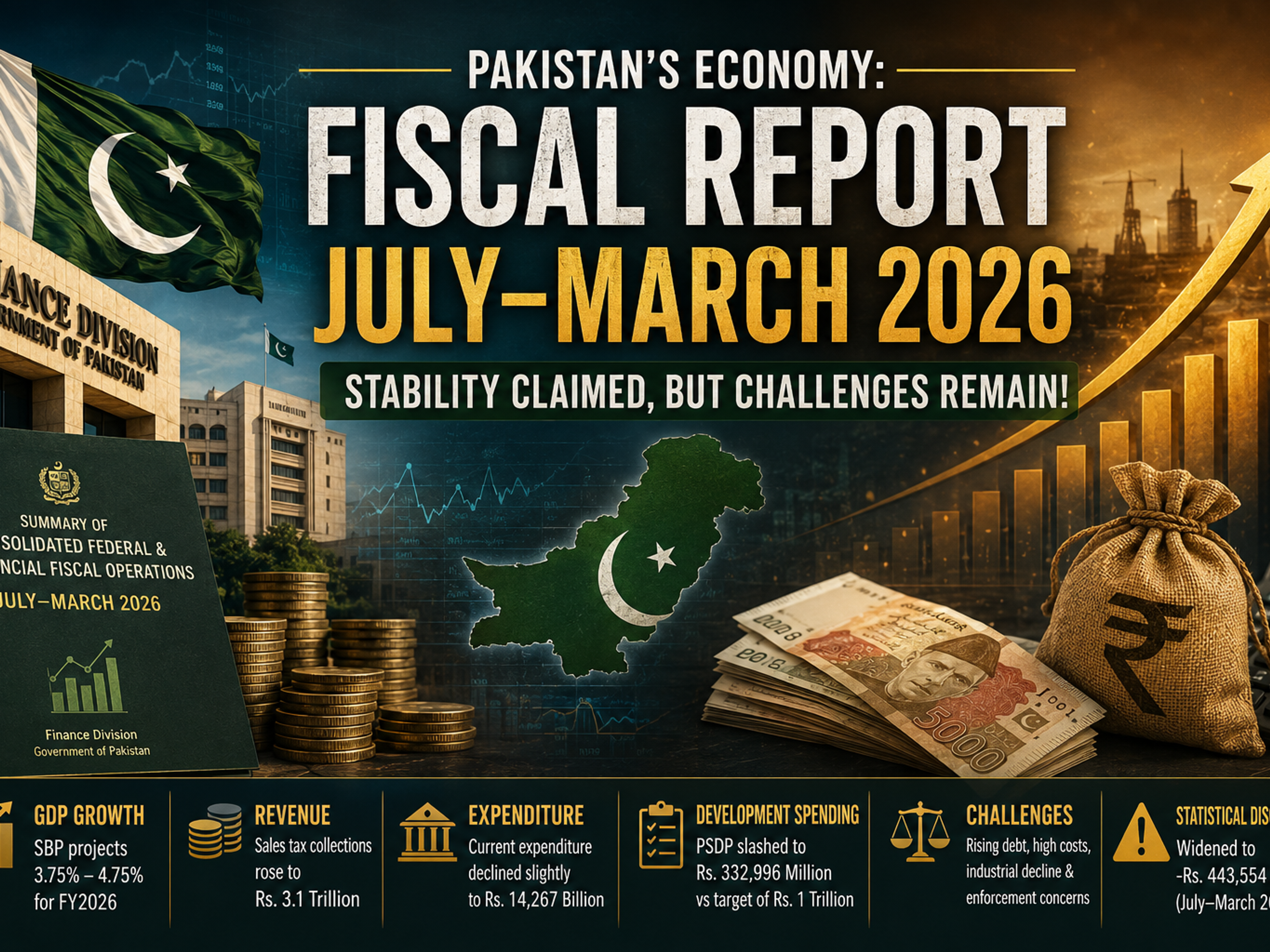 Infographic titled "Pakistan's Economy: Fiscal Report July-March 2026", showing the Pakistan flag, a government building, currency, a map, and charts. Text reads "Stability Claimed, But Challenges Remain!" with economic indicators listed below.