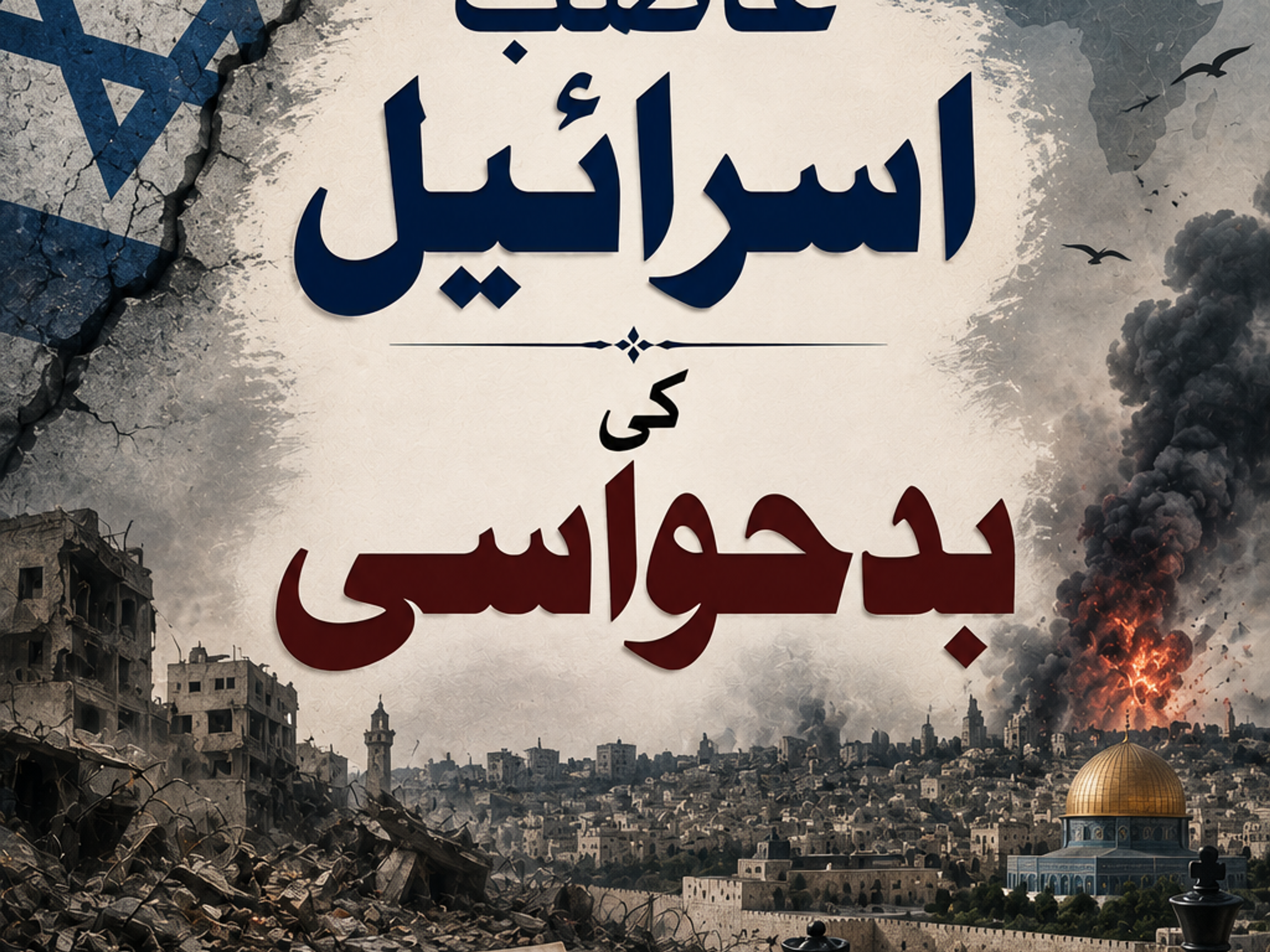 A composite image representing Israel in crisis, featuring a cracked Israeli flag, a destroyed cityscape, Jerusalem with smoke and fire, an "ISRAEL IN CRISIS" newspaper, a fallen white chess king, and prominent Arabic text.