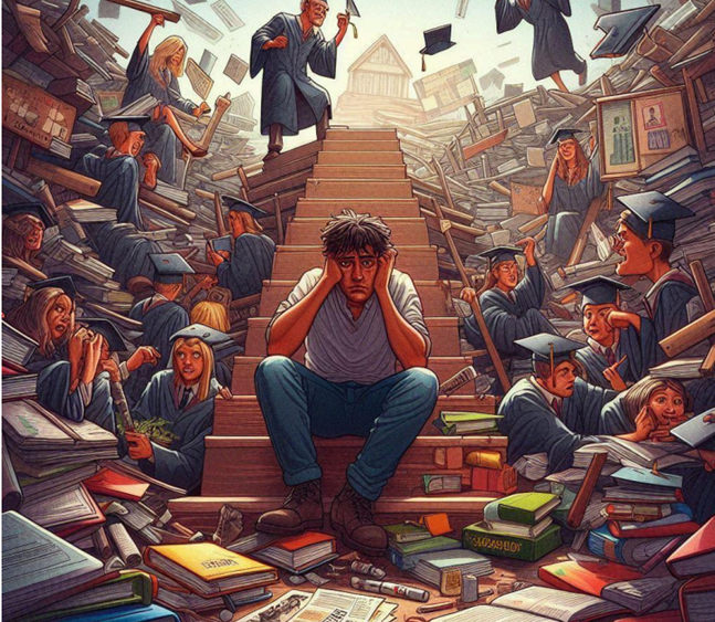 A stressed student sits on stairs, overwhelmed by mountains of books and students in graduation robes struggling with academic pressure.