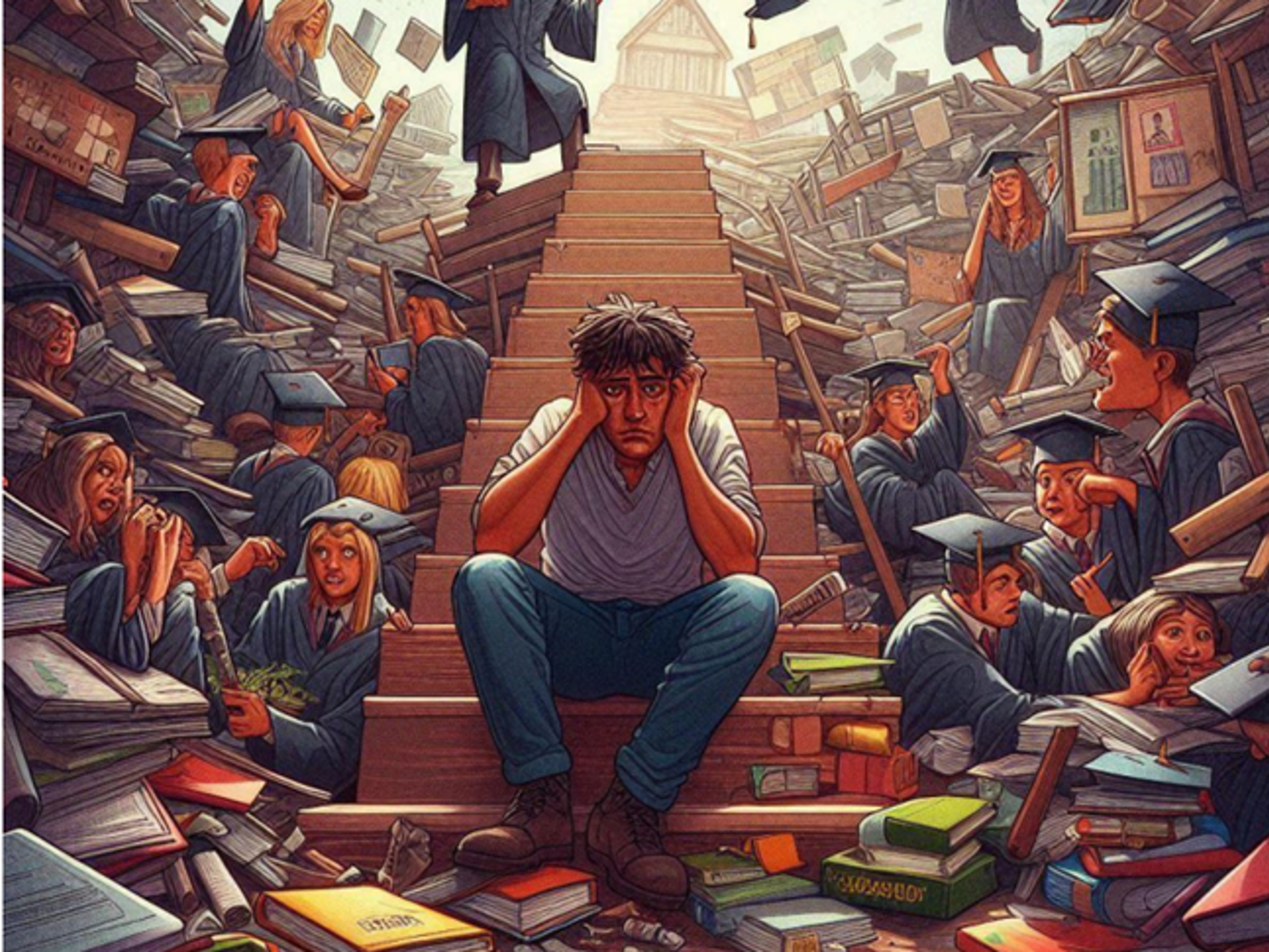 A stressed student sits on stairs, overwhelmed by mountains of books and students in graduation robes struggling with academic pressure.