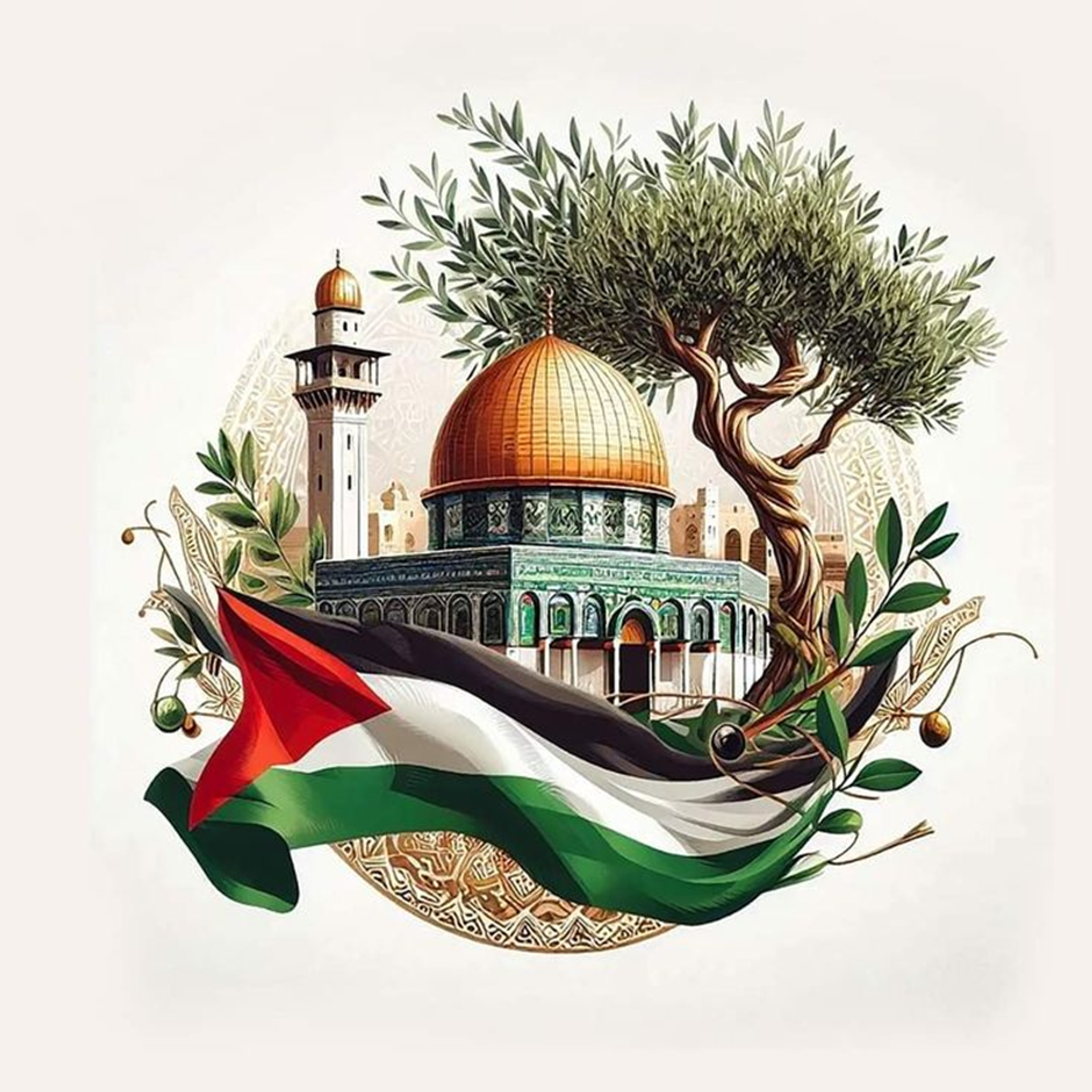 Illustration of the Dome of the Rock, a minaret, and an olive tree, with the Palestinian flag draped in front.