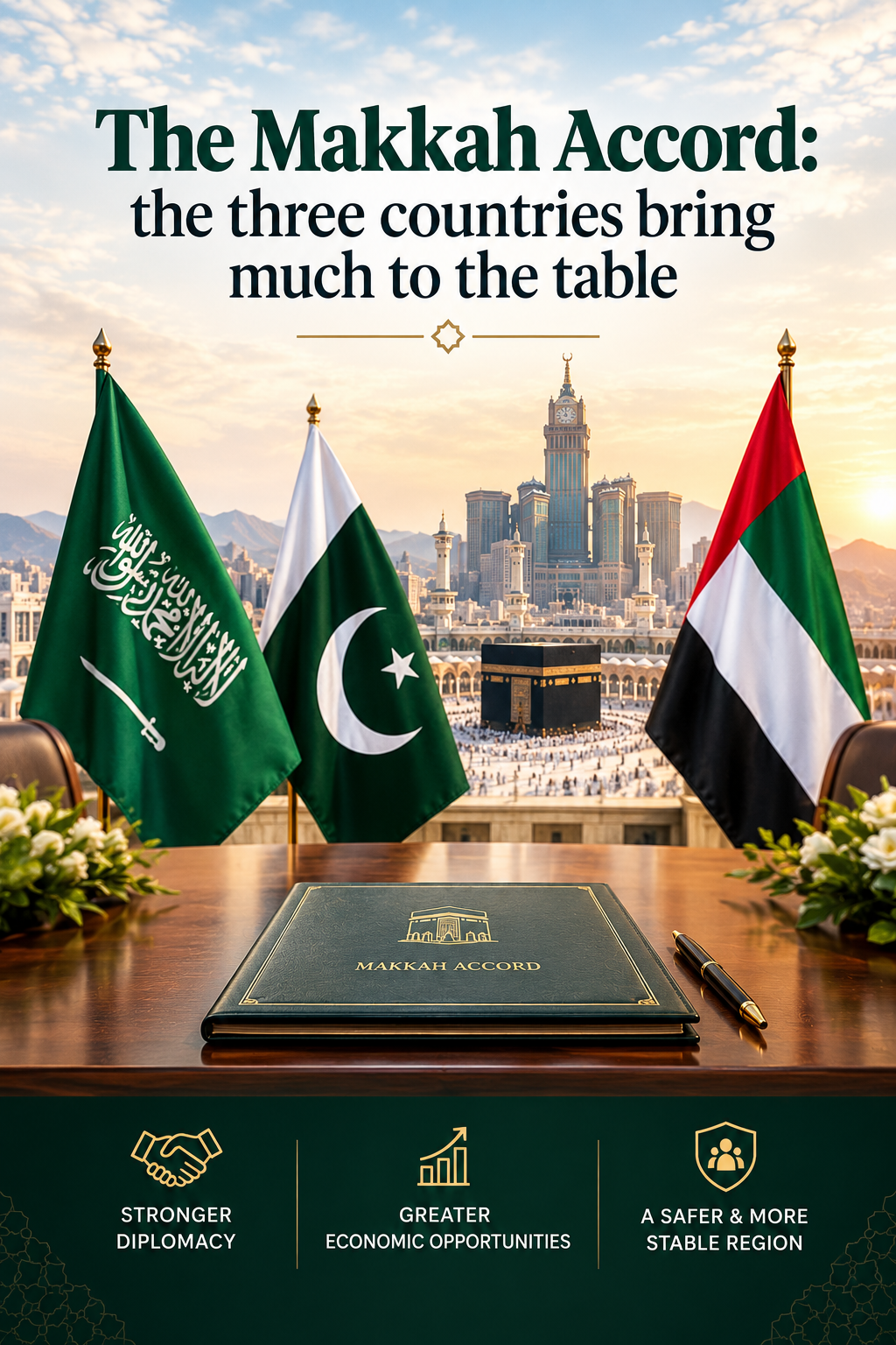 Flags of Saudi Arabia, Pakistan, and UAE with a "Makkah Accord" folder on a table, overlooking the Kaaba and Mecca skyline. Text announces "The Makkah Accord" and its benefits.