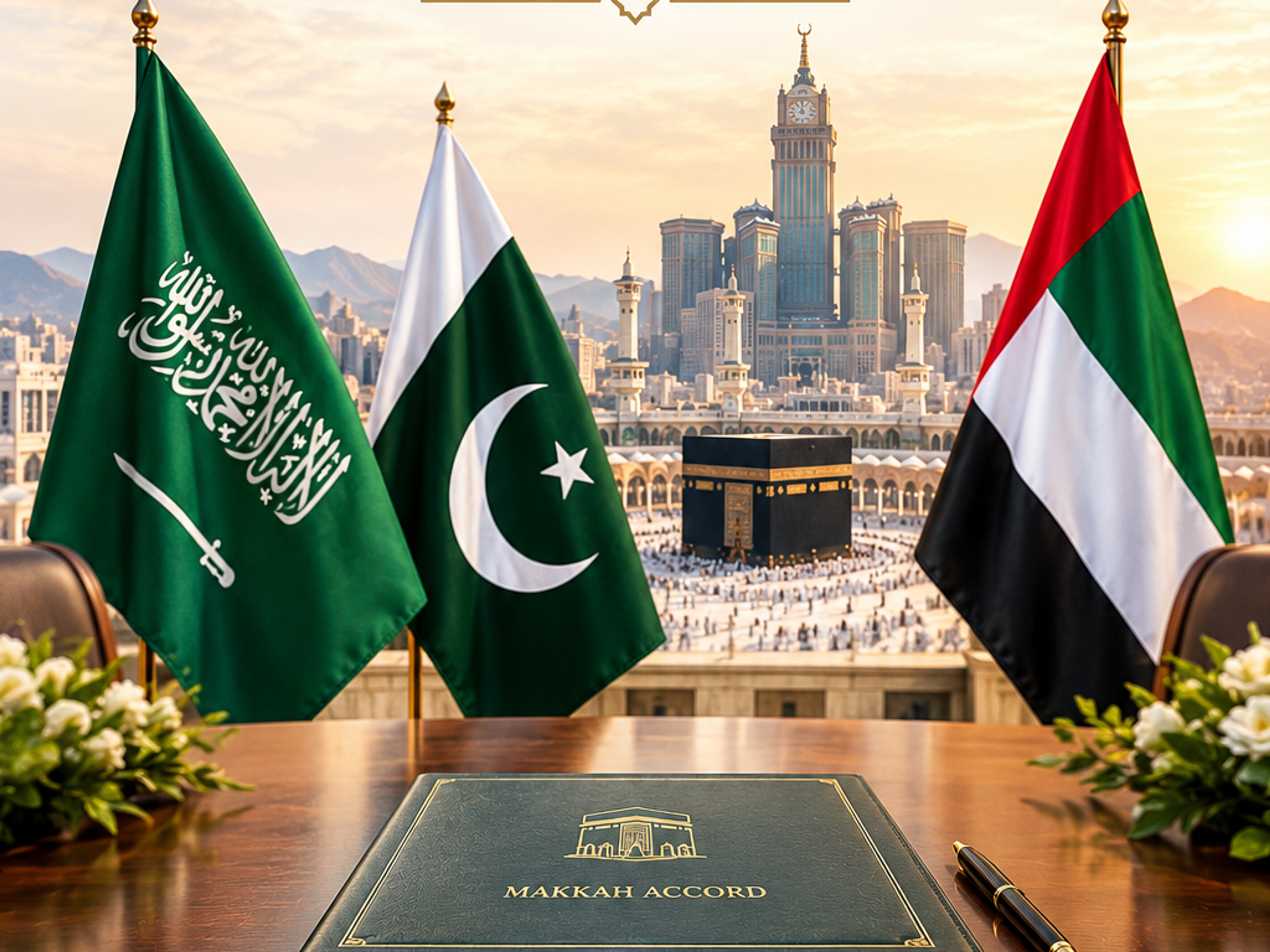 Flags of Saudi Arabia, Pakistan, and UAE with a "Makkah Accord" folder on a table, overlooking the Kaaba and Mecca skyline. Text announces "The Makkah Accord" and its benefits.