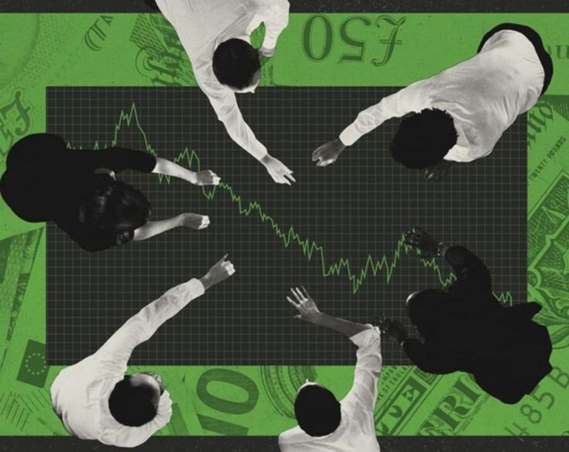 Overhead view of six people looking at a fluctuating market graph, surrounded by green currency notes.