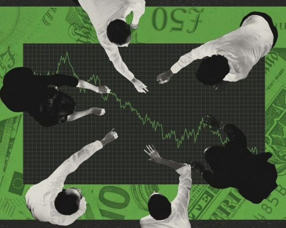 Overhead view of six people looking at a fluctuating market graph, surrounded by green currency notes.