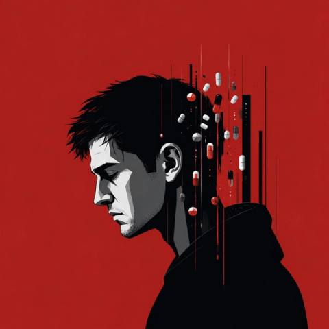 Pills spill from the back of a person's head in a graphic illustration against a red background.