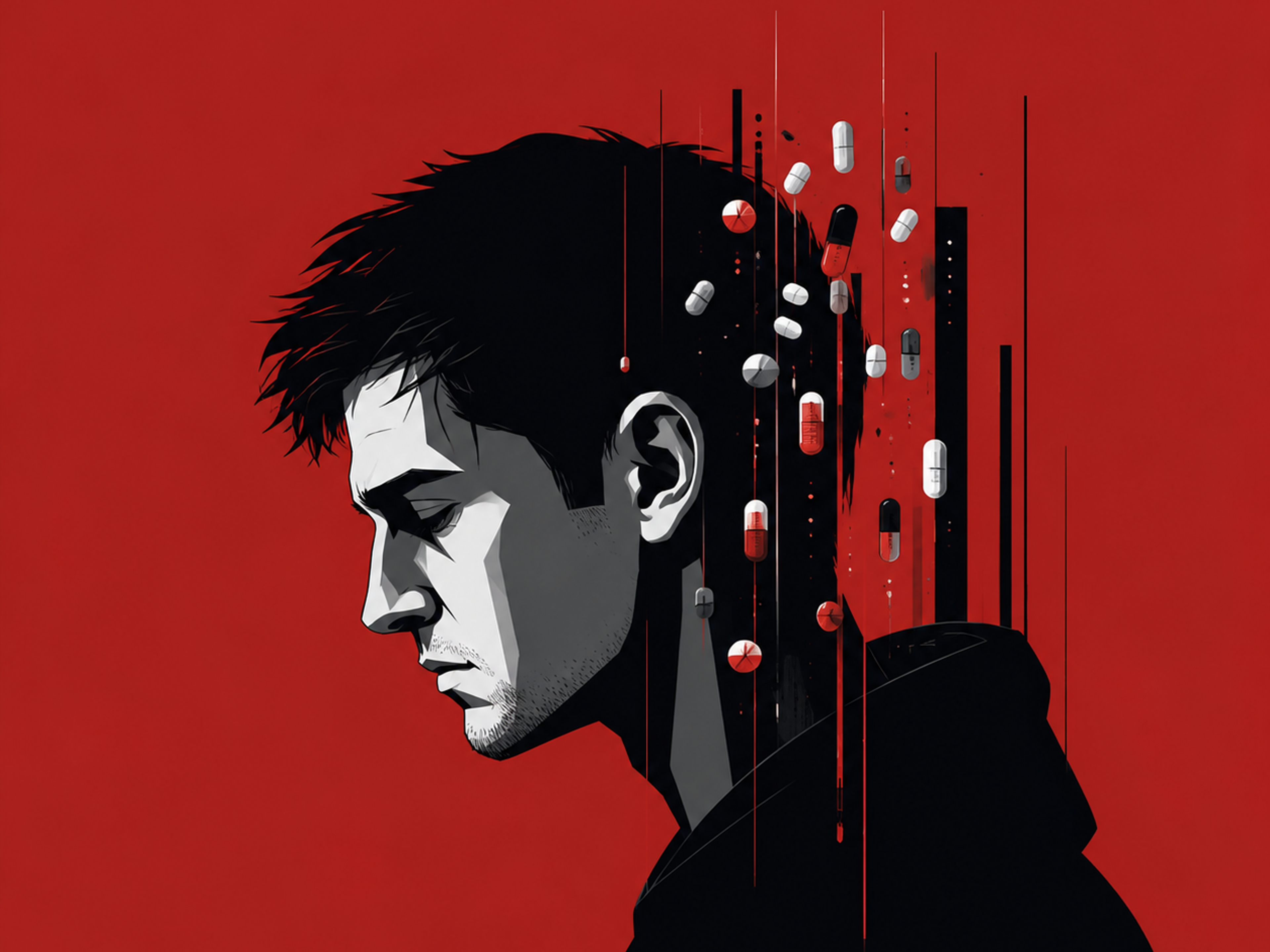Pills spill from the back of a person's head in a graphic illustration against a red background.