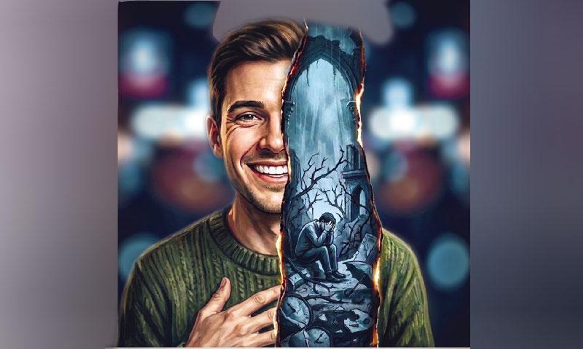 A man's smiling face is split down the middle, revealing a desolate scene with a cowering, sad figure, dead trees, and broken clocks on the other side.