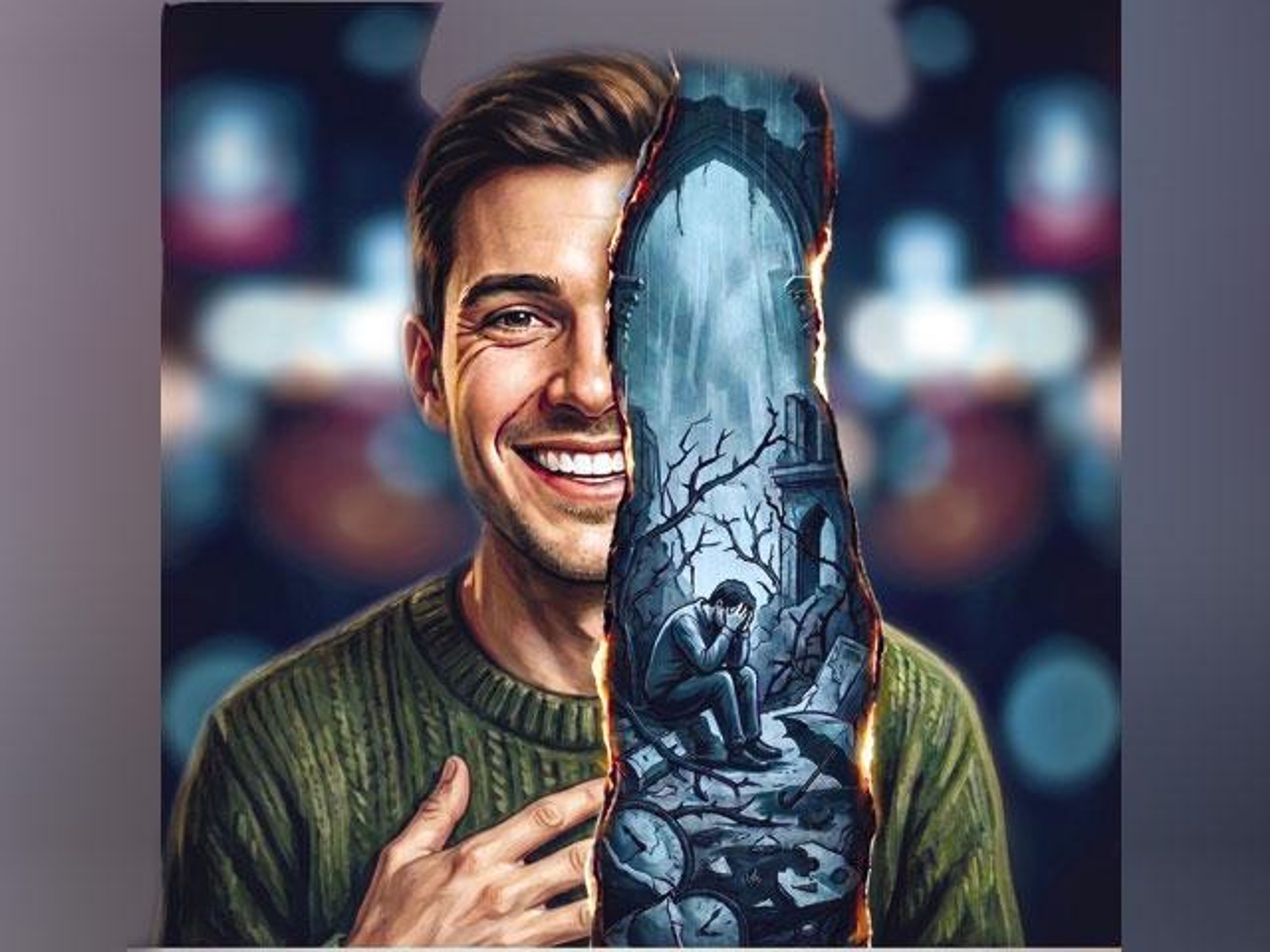A man's smiling face is split down the middle, revealing a desolate scene with a cowering, sad figure, dead trees, and broken clocks on the other side.