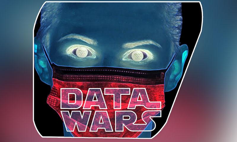 Blue-toned face with glowing RX pills for eyes and a red mask labeled 'DATA WARS'.