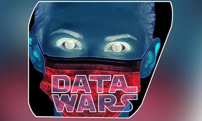 Blue-toned face with glowing RX pills for eyes and a red mask labeled 'DATA WARS'.
