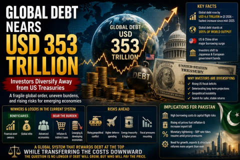 Infographic on global debt nearing USD 353 trillion, showing Earth, coins, and the US Capitol, highlighting investors diversifying from US Treasuries and associated financial risks.