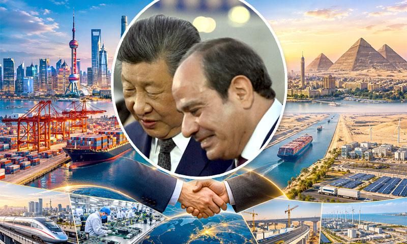A collage featuring Chinese President Xi Jinping and Egyptian President Abdel Fattah el-Sisi, a handshake, and scenes of urban development, ports, the Suez Canal, and the Giza pyramids, symbolizing China-Egypt economic cooperation.