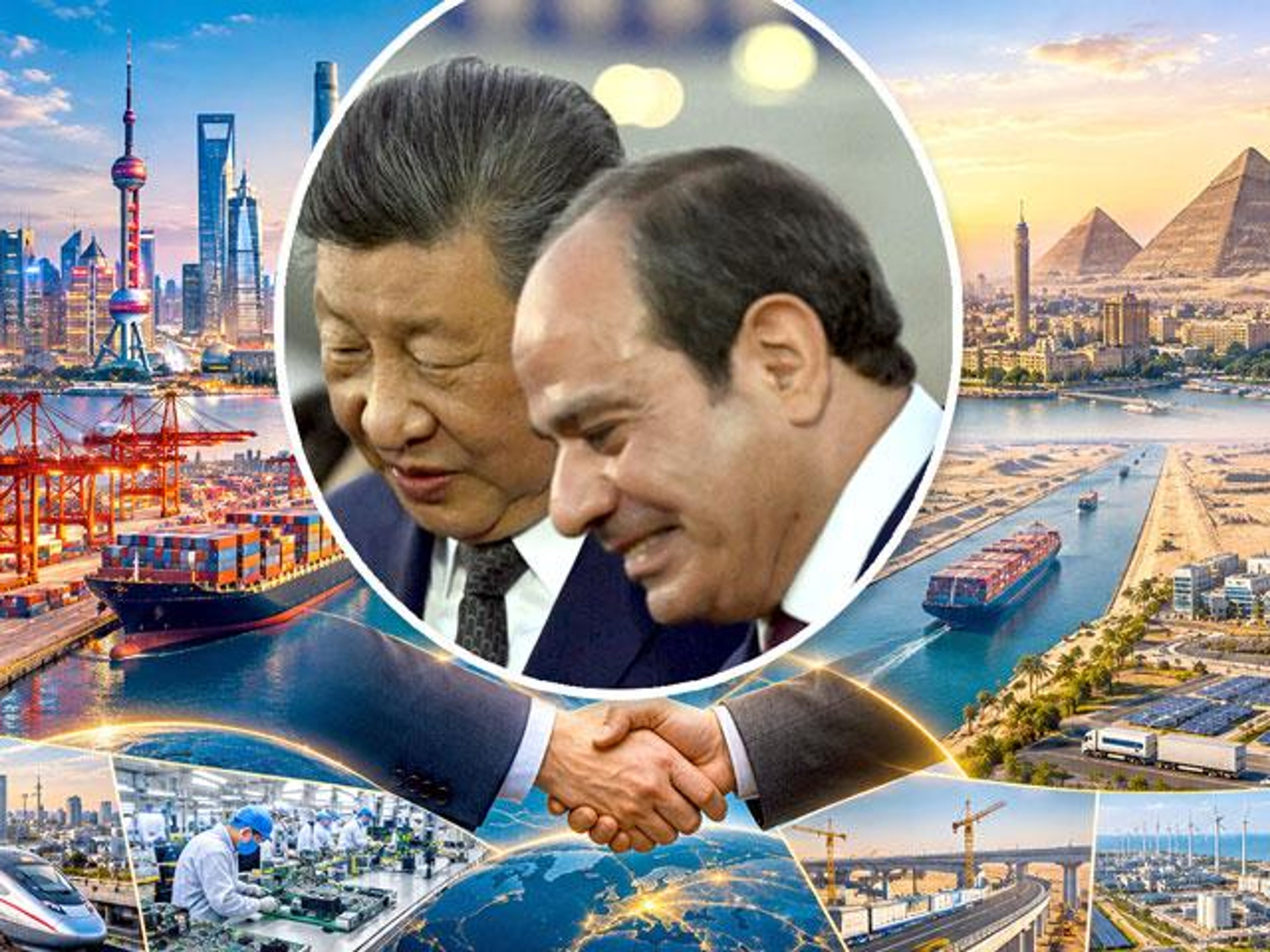 A collage featuring Chinese President Xi Jinping and Egyptian President Abdel Fattah el-Sisi, a handshake, and scenes of urban development, ports, the Suez Canal, and the Giza pyramids, symbolizing China-Egypt economic cooperation.