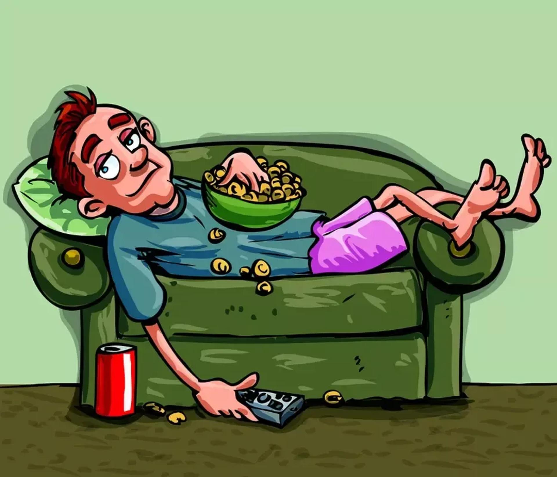A cartoon man sprawled on a sofa, eating snacks and holding a remote control.