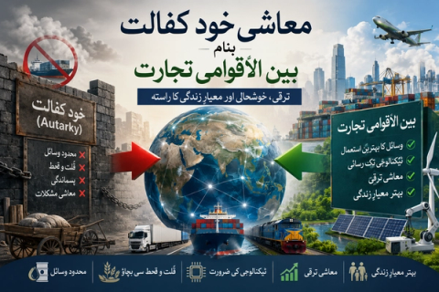 An infographic contrasting autarky, depicted as a walled-off area with limited resources and economic hardship, against international trade, shown as a vibrant global network with modern infrastructure symbolizing prosperity and progress.
