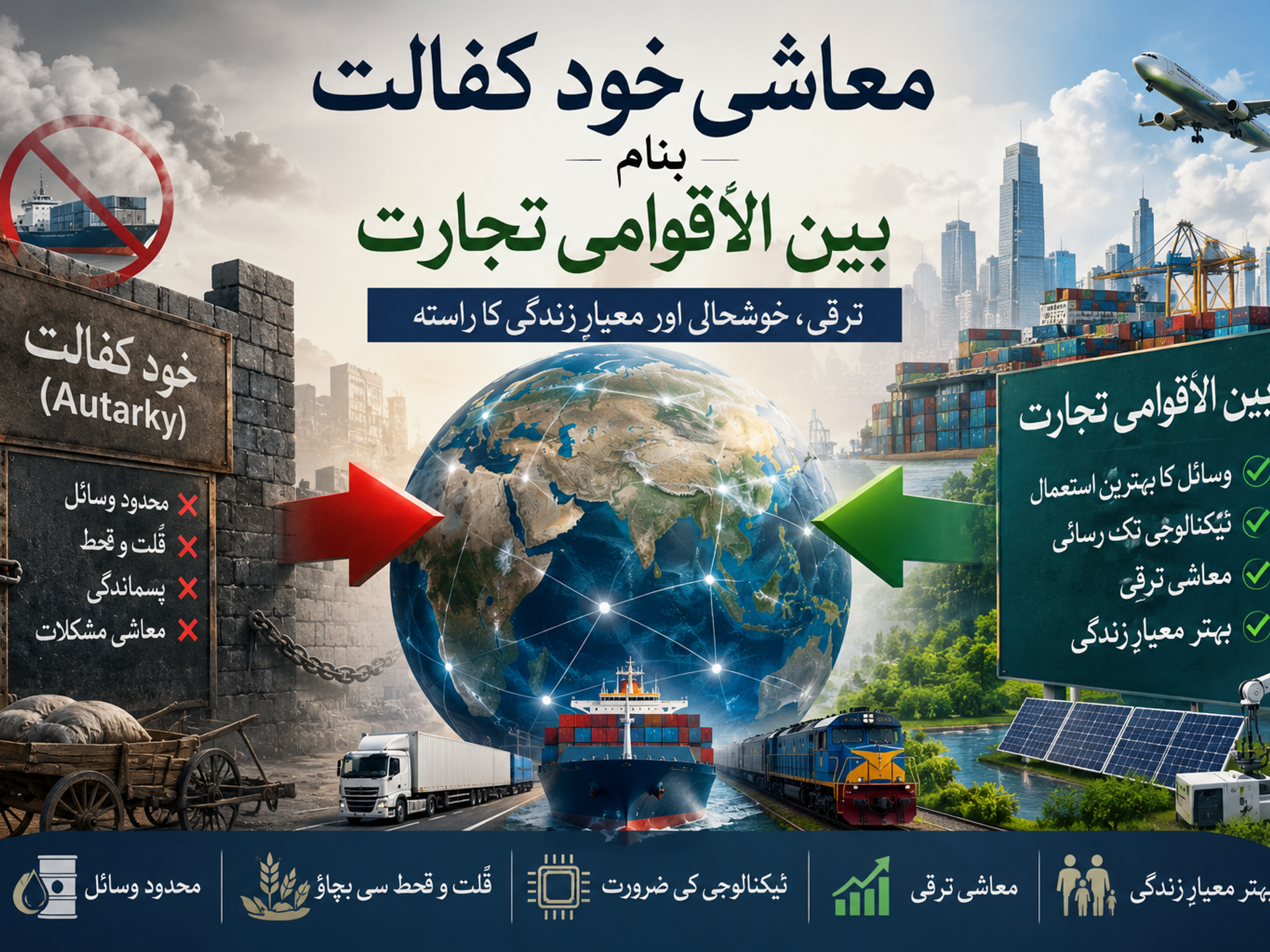 An infographic contrasting autarky, depicted as a walled-off area with limited resources and economic hardship, against international trade, shown as a vibrant global network with modern infrastructure symbolizing prosperity and progress.