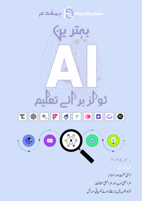 A light blue poster titled "HamQadam: Best AI Tools for Education" in Urdu, featuring a brain graphic, large "AI" text, and icons of various AI applications.