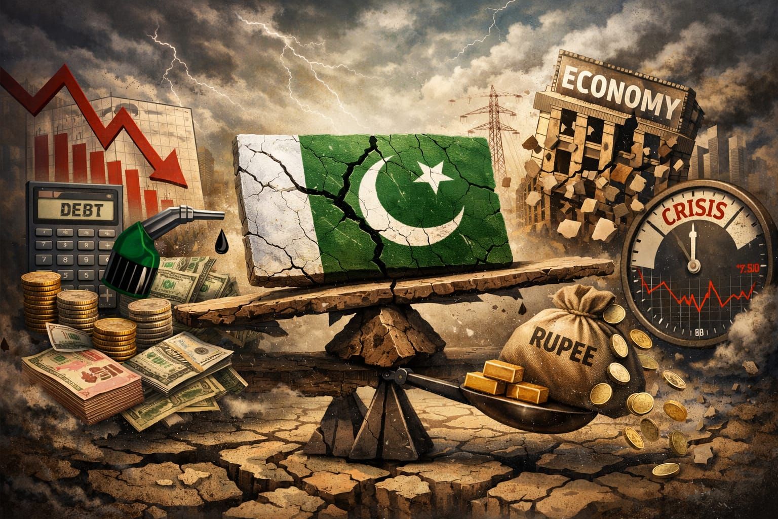 Pakistan's economic crisis: a cracked flag on an unbalanced scale, showing debt, crumbling economy, and a crisis gauge.