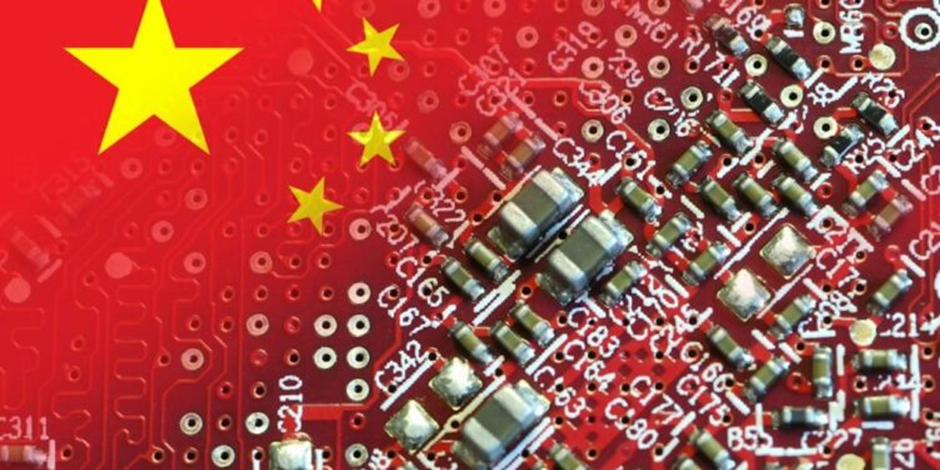 Chinese flag overlaid on a circuit board.