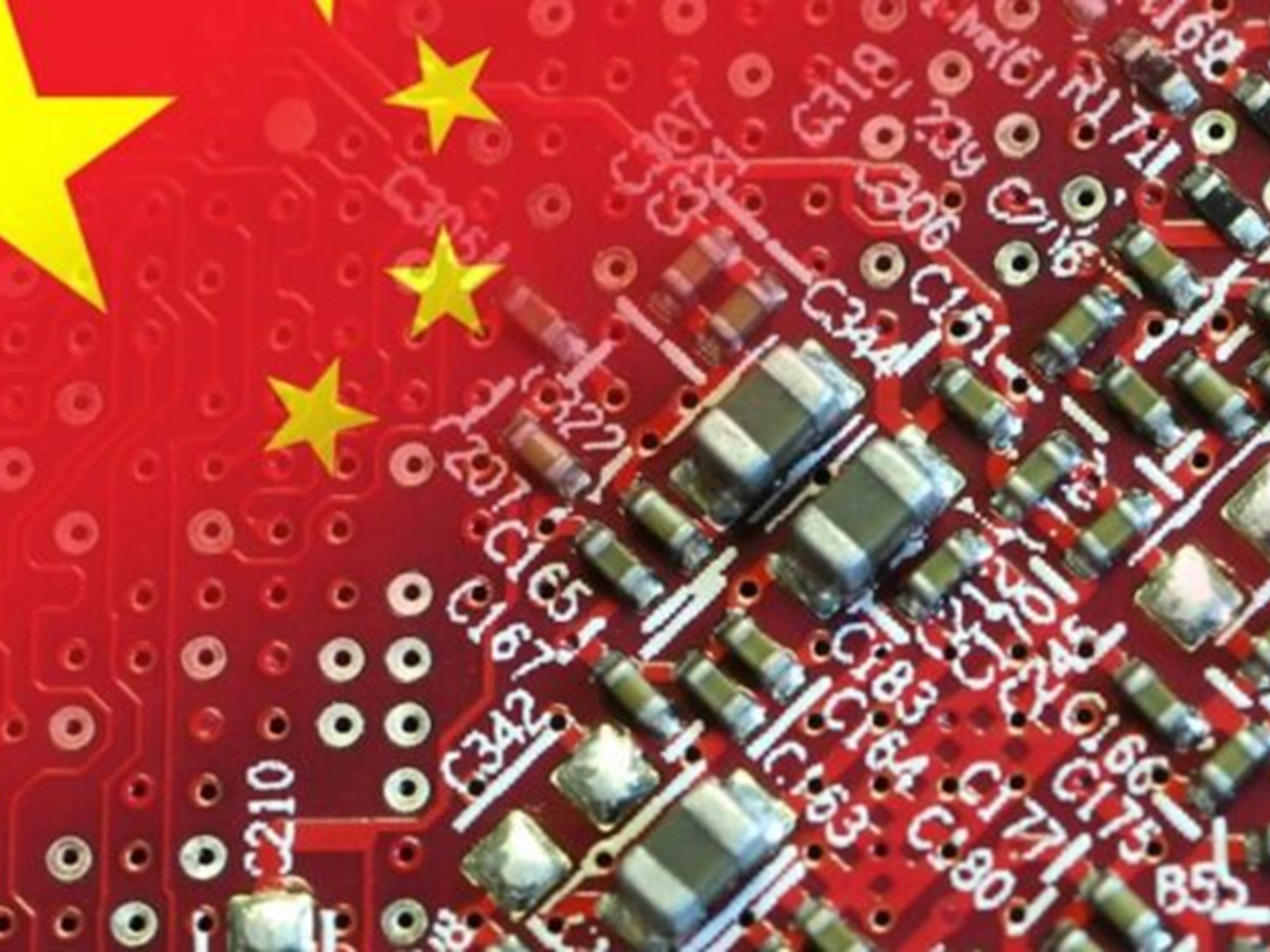 Chinese flag overlaid on a circuit board.