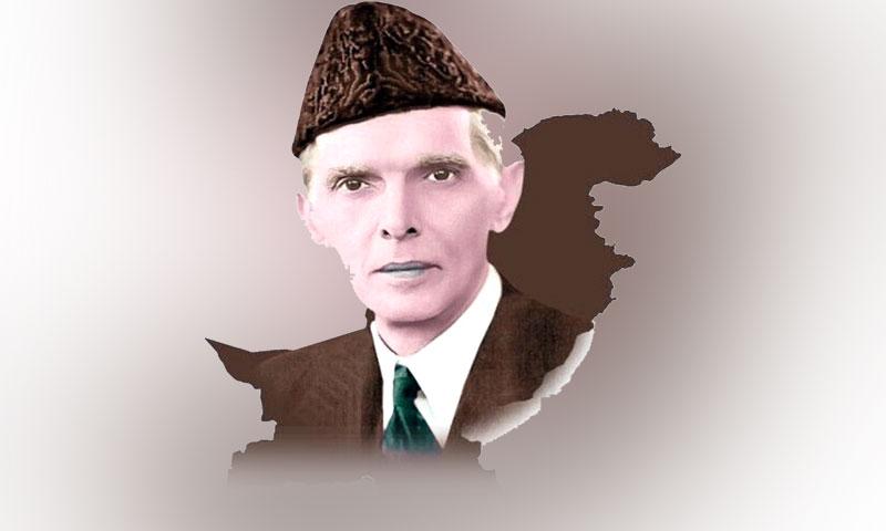 Portrait of Muhammad Ali Jinnah in a Jinnah cap with a map of Pakistan silhouette.