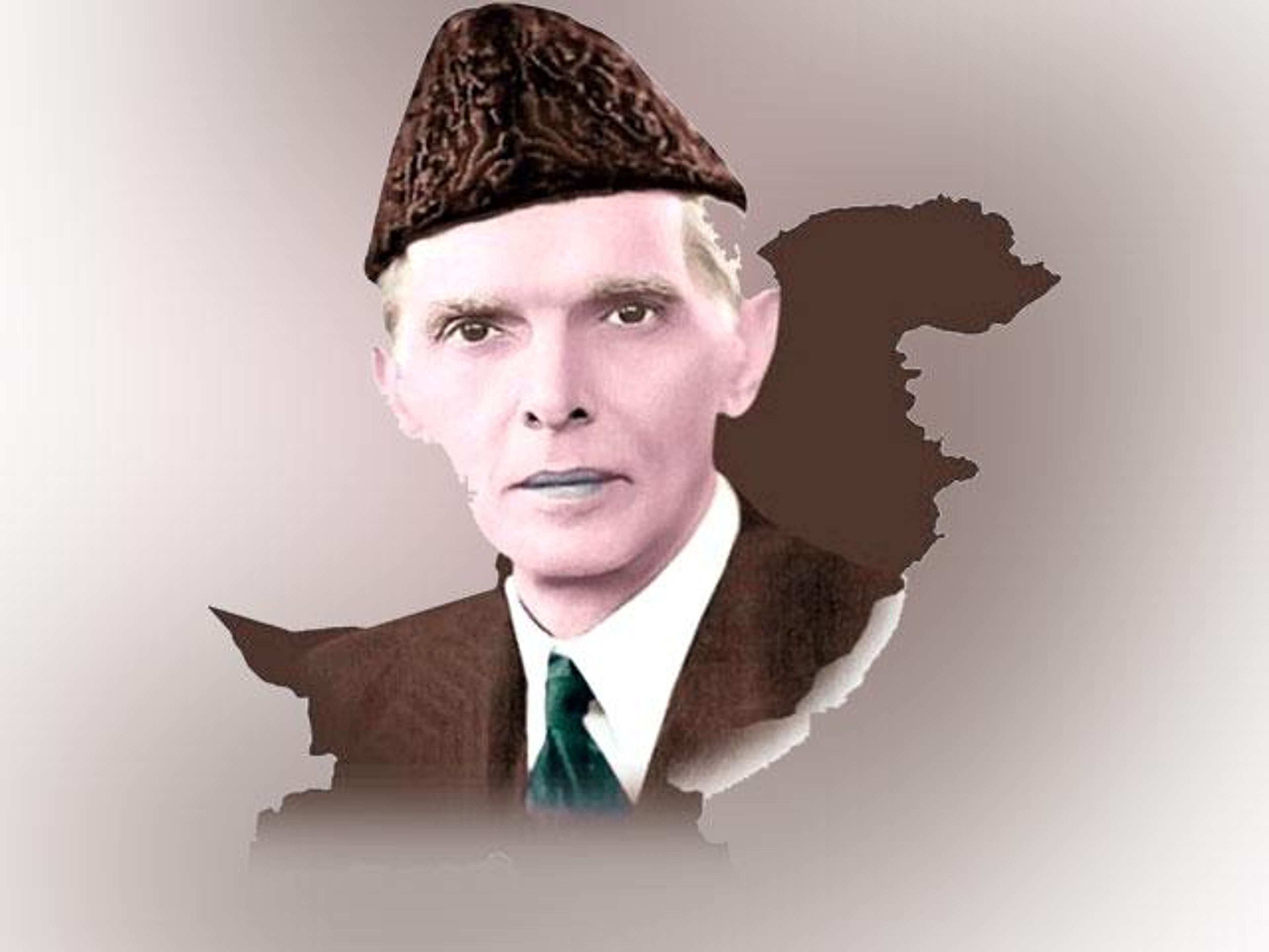 Portrait of Muhammad Ali Jinnah in a Jinnah cap with a map of Pakistan silhouette.