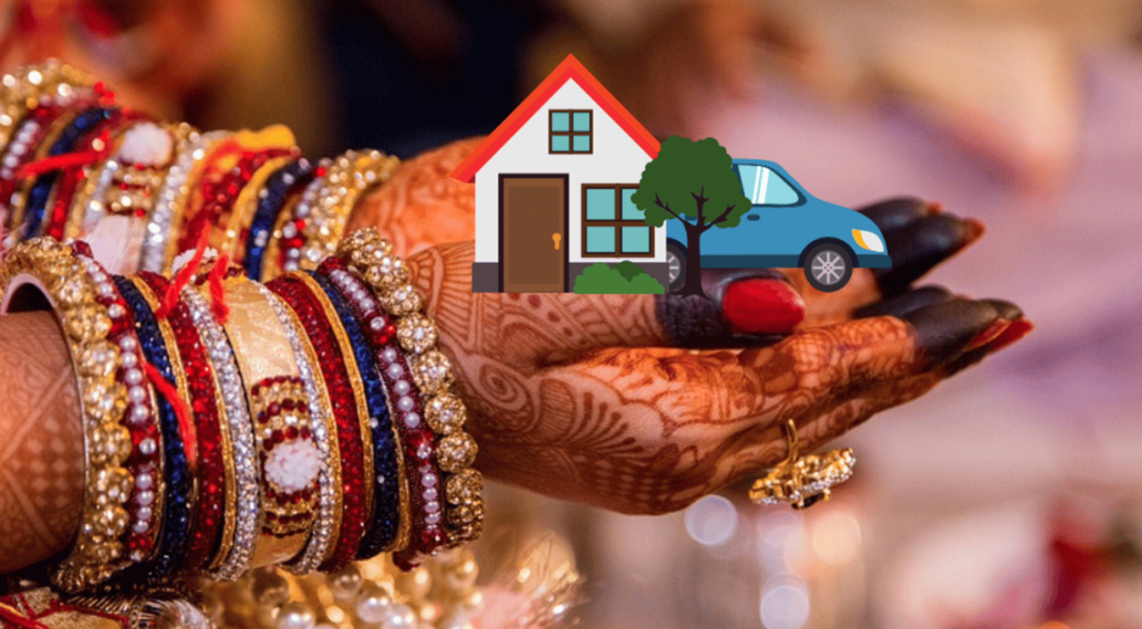 Hands adorned with bangles and mehndi hold illustrations of a house and a car.