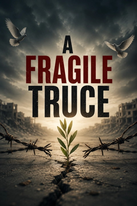 Text "A FRAGILE TRUCE" above a small green sprout growing from cracked ground, flanked by barbed wire, with two doves flying over a ruined city in the background.