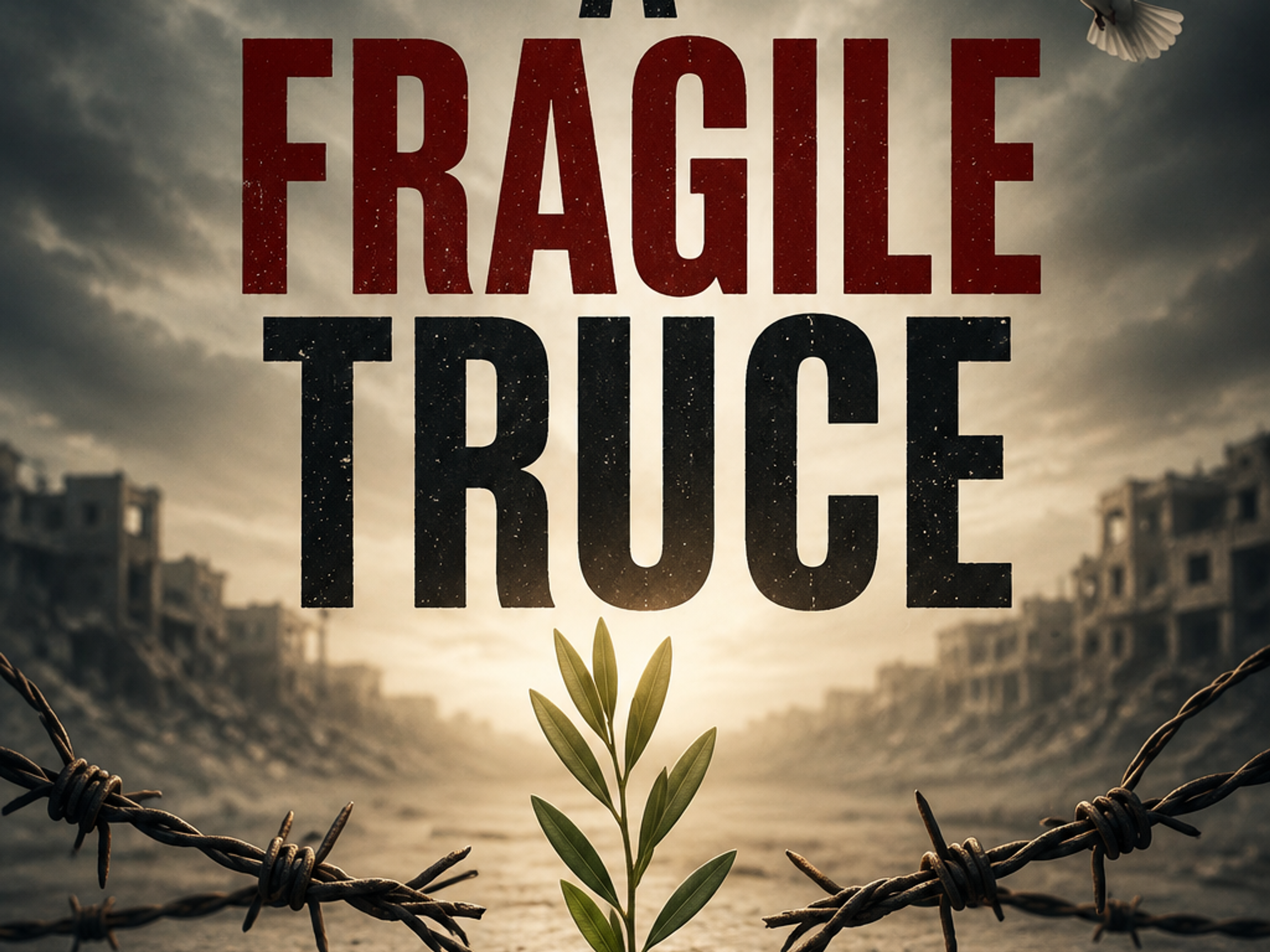 Text "A FRAGILE TRUCE" above a small green sprout growing from cracked ground, flanked by barbed wire, with two doves flying over a ruined city in the background.