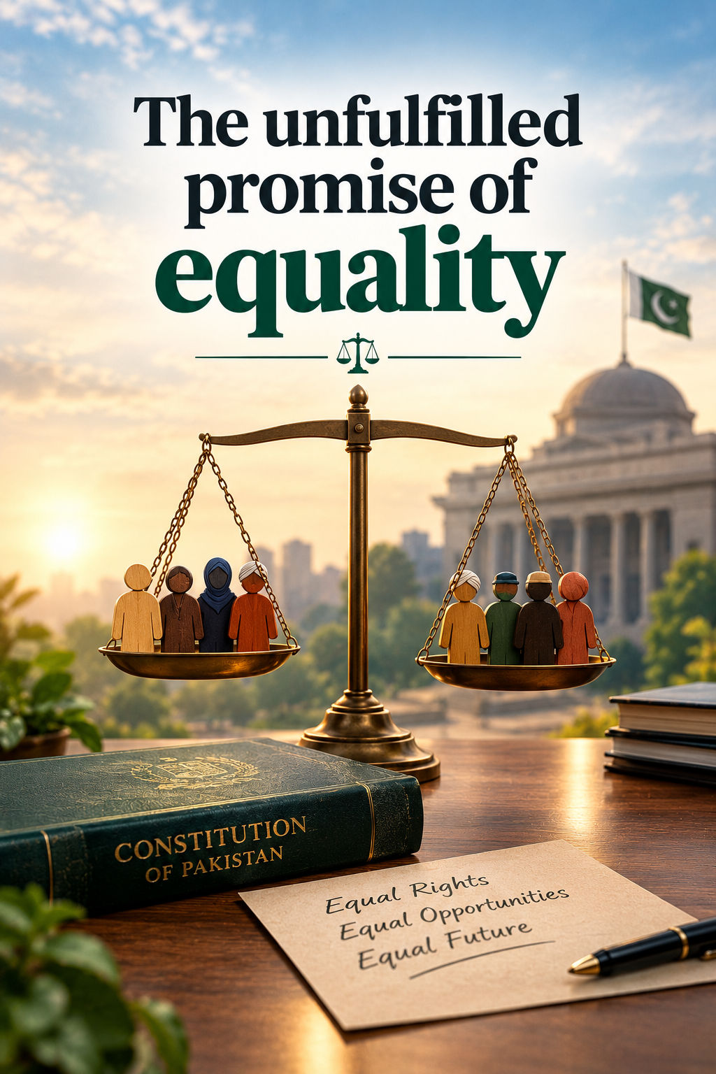 Title: "The unfulfilled promise of equality". An unbalanced scale of justice features diverse human figures, with more on the lower pan. In the foreground are the Constitution of Pakistan and a note about equal rights; a Pakistani parliament building and flag are in the background.