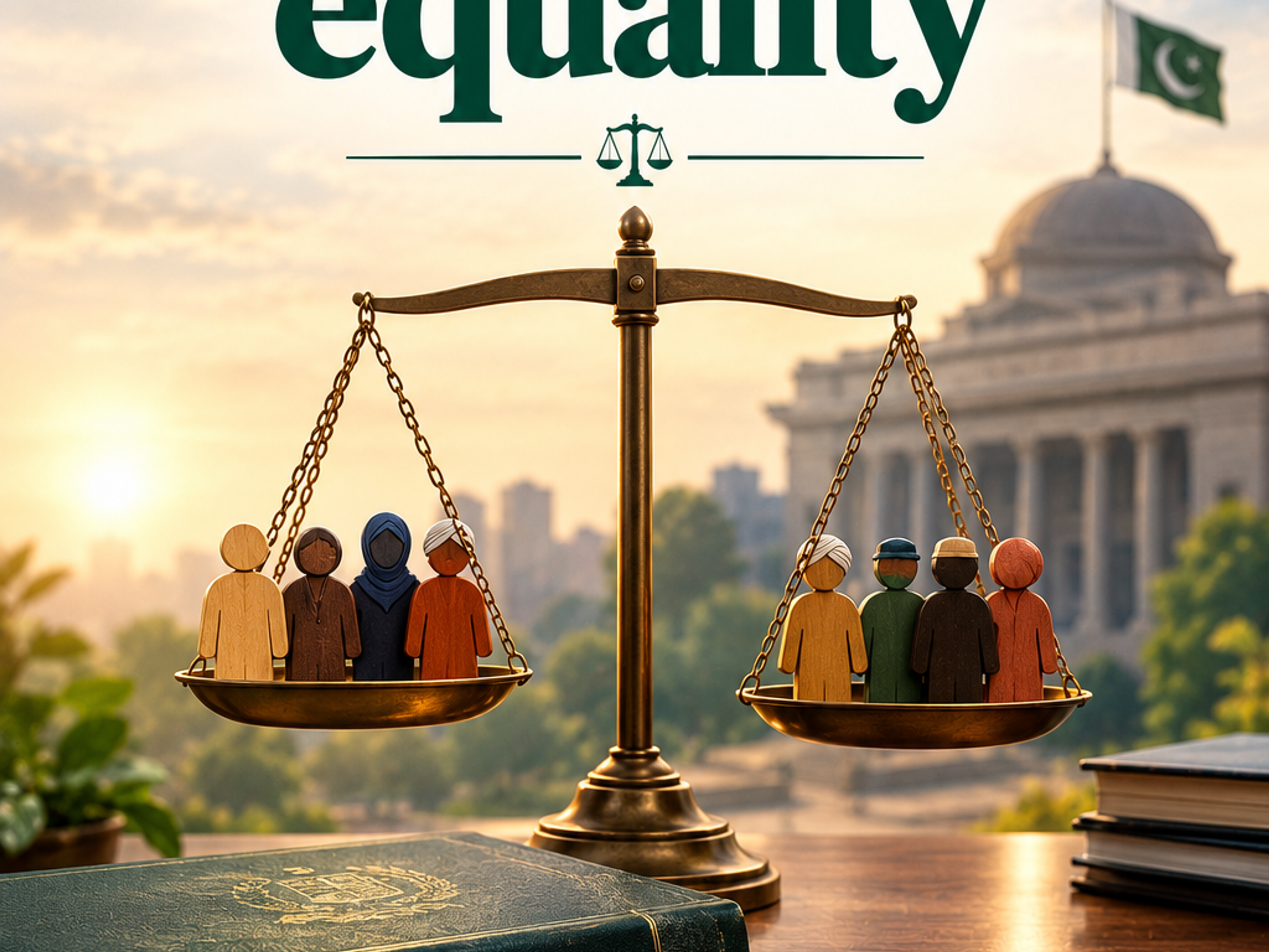 Title: "The unfulfilled promise of equality". An unbalanced scale of justice features diverse human figures, with more on the lower pan. In the foreground are the Constitution of Pakistan and a note about equal rights; a Pakistani parliament building and flag are in the background.