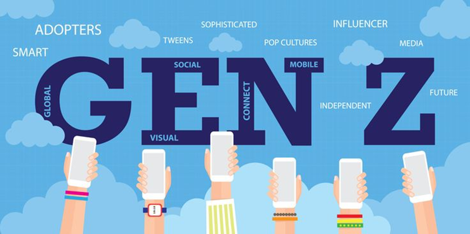 An illustration of "GEN Z" in large text surrounded by characteristics like "SOCIAL," "MOBILE," and "GLOBAL," with six hands holding smartphones below, set against a blue sky with clouds.
