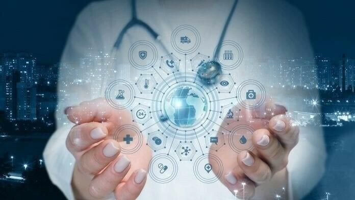 Doctor's hands holding a holographic globe surrounded by a network of medical icons.