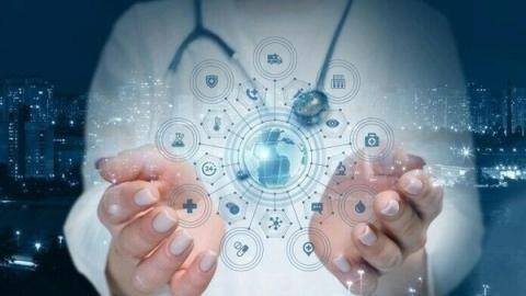 Doctor's hands holding a holographic globe surrounded by a network of medical icons.
