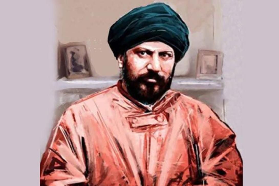 Illustration of a bearded man with an intense gaze, wearing a dark turban and a red garment.