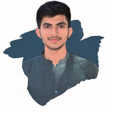 Portrait of a young man smiling, wearing a dark grey shirt with a mandarin collar, against a white background with a dark blue brushstroke behind him.