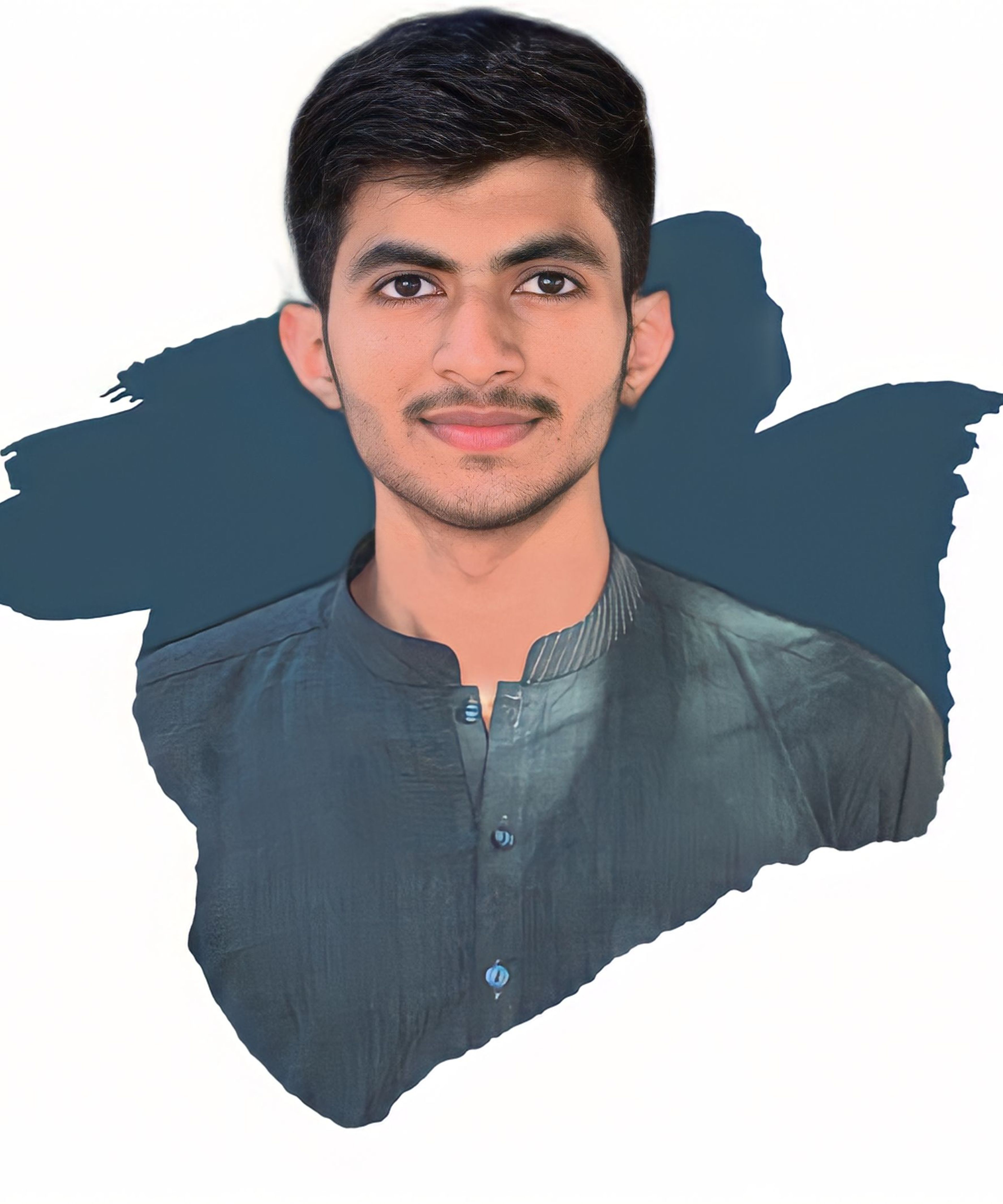 Portrait of a young man smiling, wearing a dark grey shirt with a mandarin collar, against a white background with a dark blue brushstroke behind him.